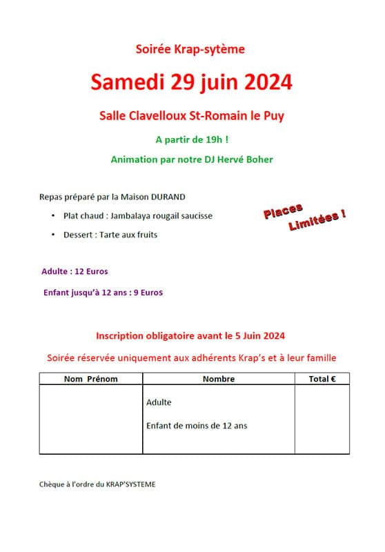 Inscription soirée Krap Système samedi 29 juin 2024